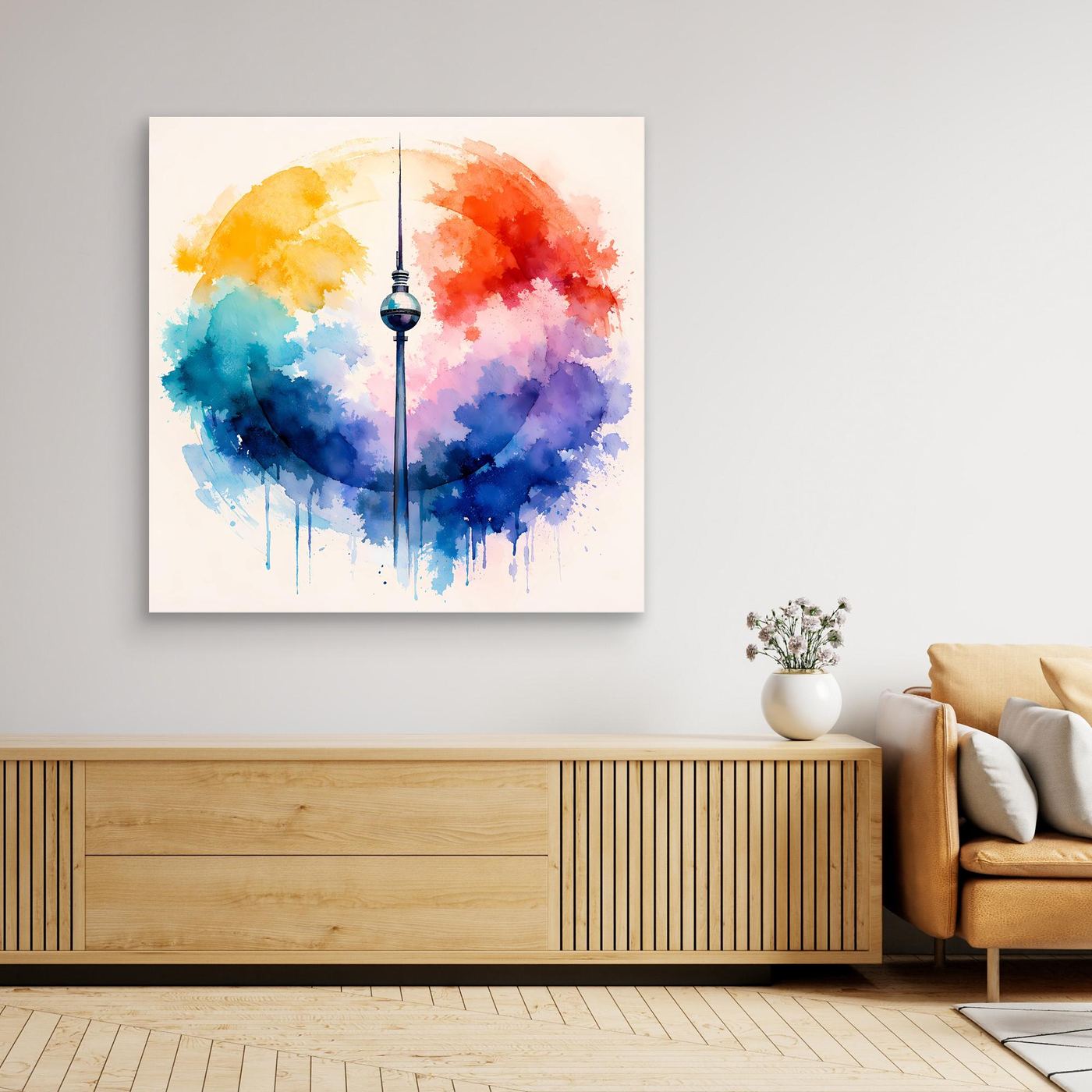 Leinwand Berliner Fernsehturm | Abstraktes Aquarell‑Wolken Wandbild