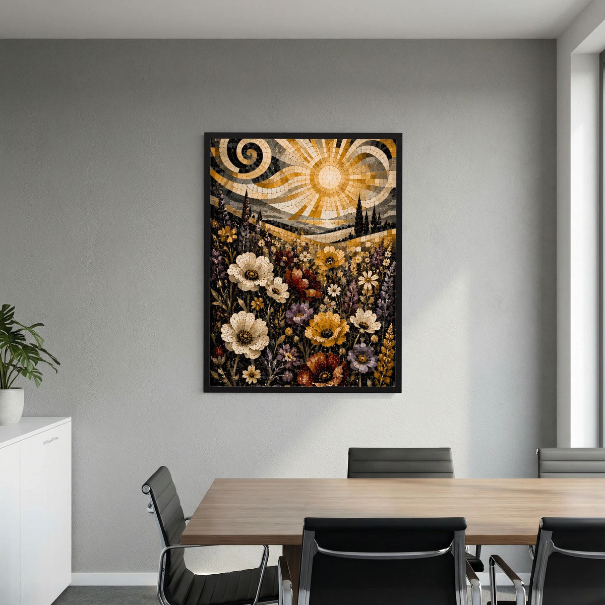Quadratisches Poster mit Mosaikblumenwiese, goldener Sonne und dunklem Hintergrund