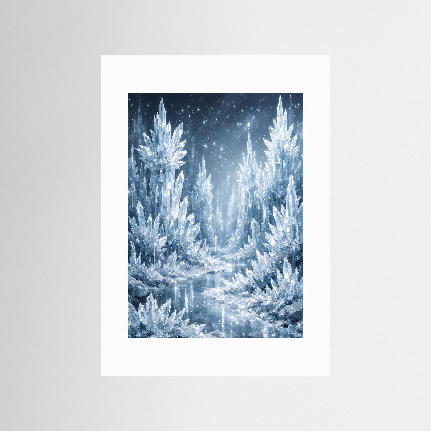 Eiskristallposter im Hochformat mit weißem Träger: blaue Eisbaum-Krone und Sterne.
