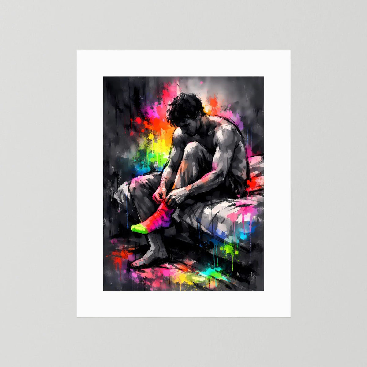 Wandbild im Hochformat: Mann zieht Socken an, abstrakte Neon-Farbexplosion, weiß hinterlegt.