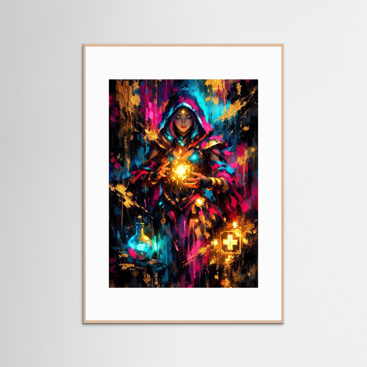 Gerahmtes Poster (Hochformat): Zauberin in abstrakter Fantasy, Teal, Pink, Gold, weißer Rahmen