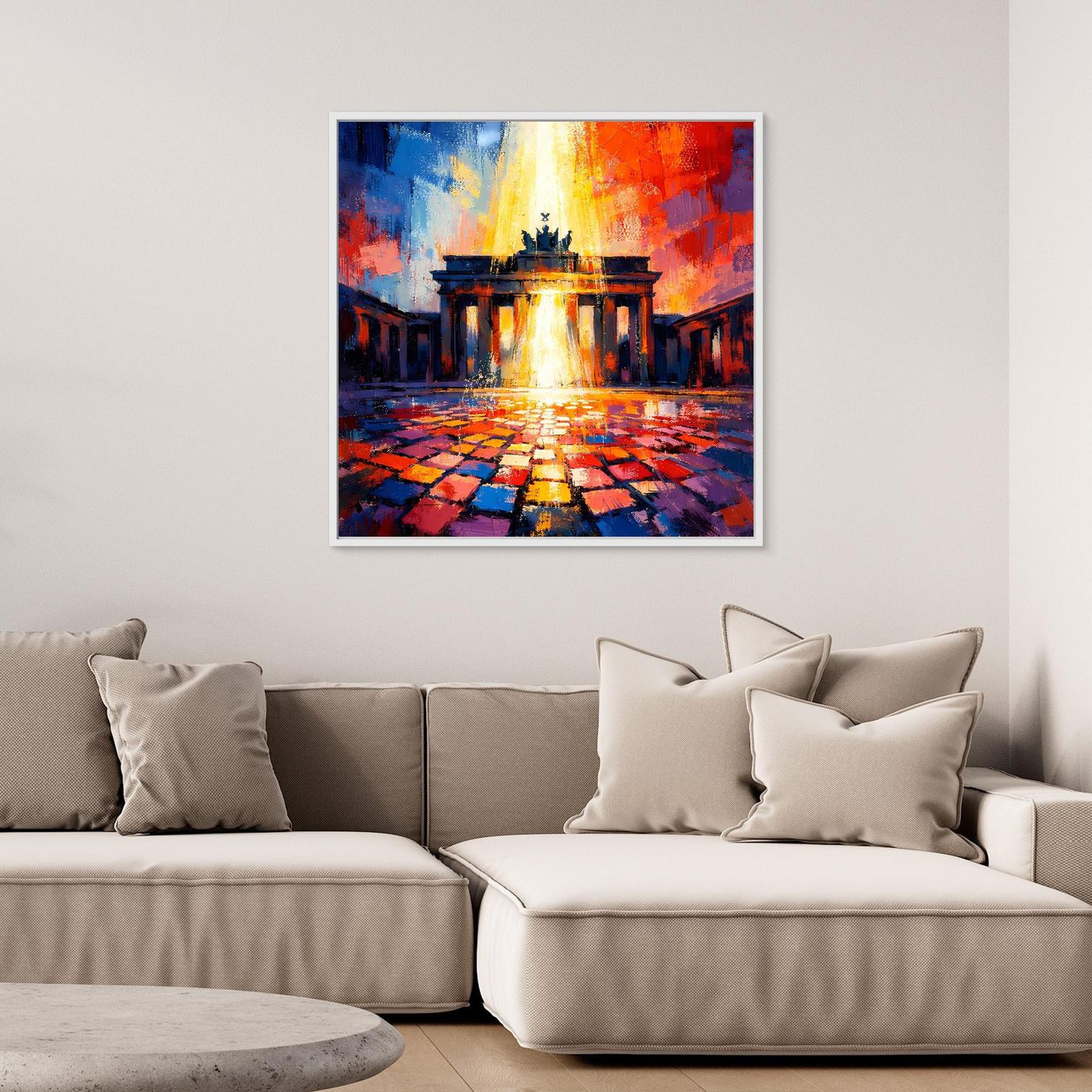 Abstraktes Wandbild mit zentraler Feuer-Lichtfontäne und Pflasterweg, gerahmt