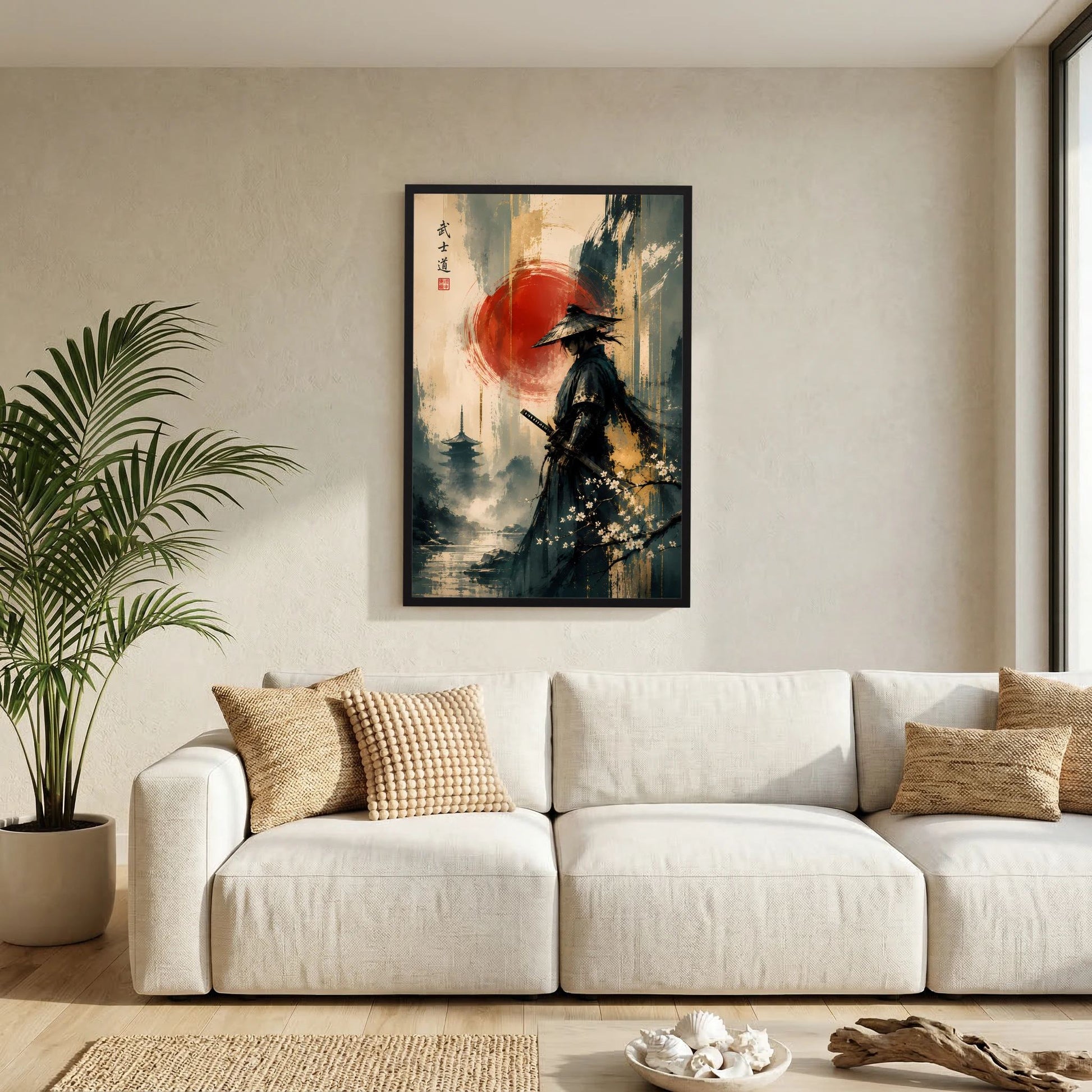 Wandposter im Hochformat: Samurai-Krieger vor roter Sonne, schwarz gerahmt