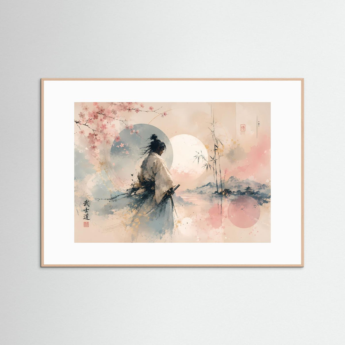 Samurai-Kunstdruck im hellen Holzrahmen, Silhouette unter Kirschblüten in Pastelltönen