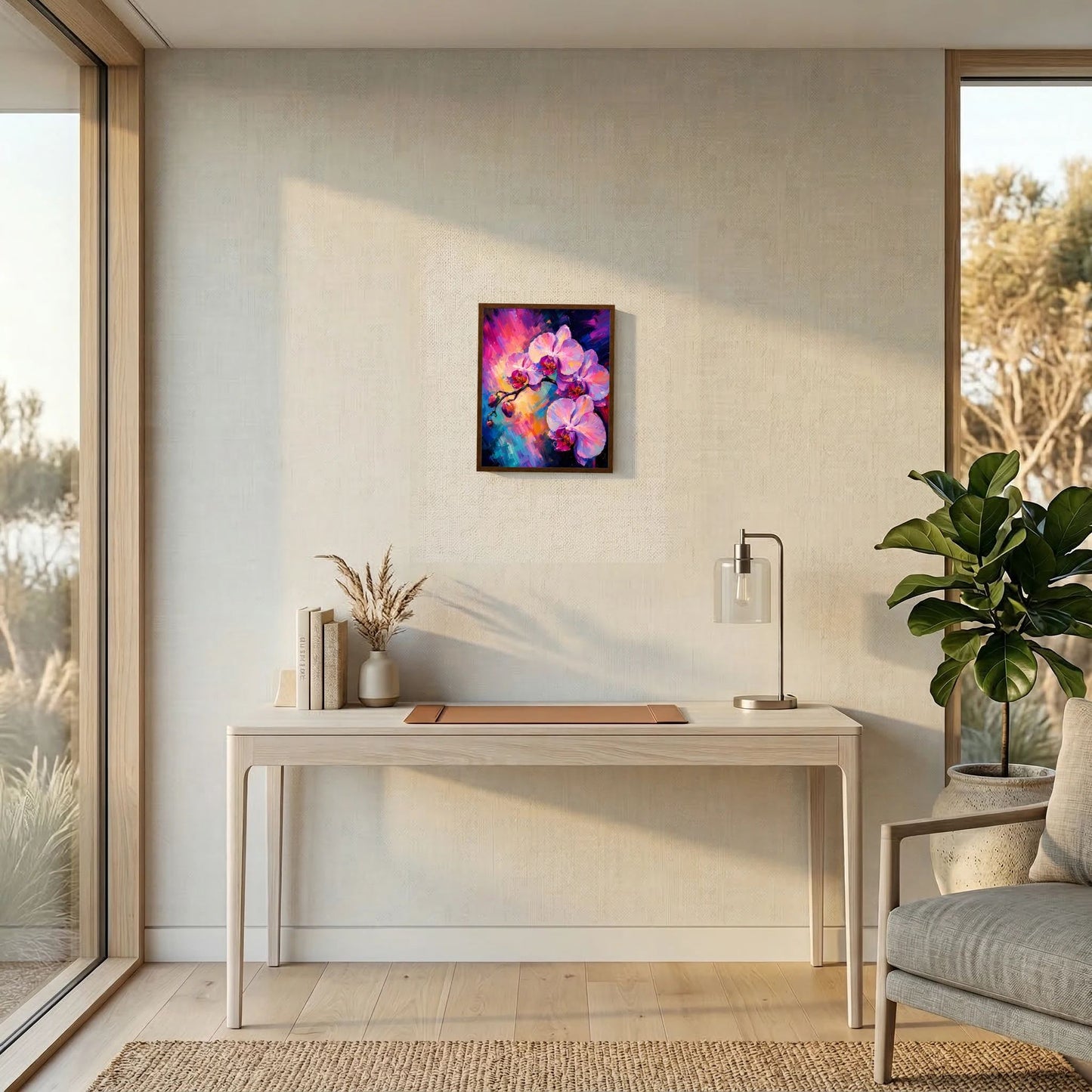 Wand-Kunstposter mit abstrakten Orchideenblüten in Pink, Lila und Blau