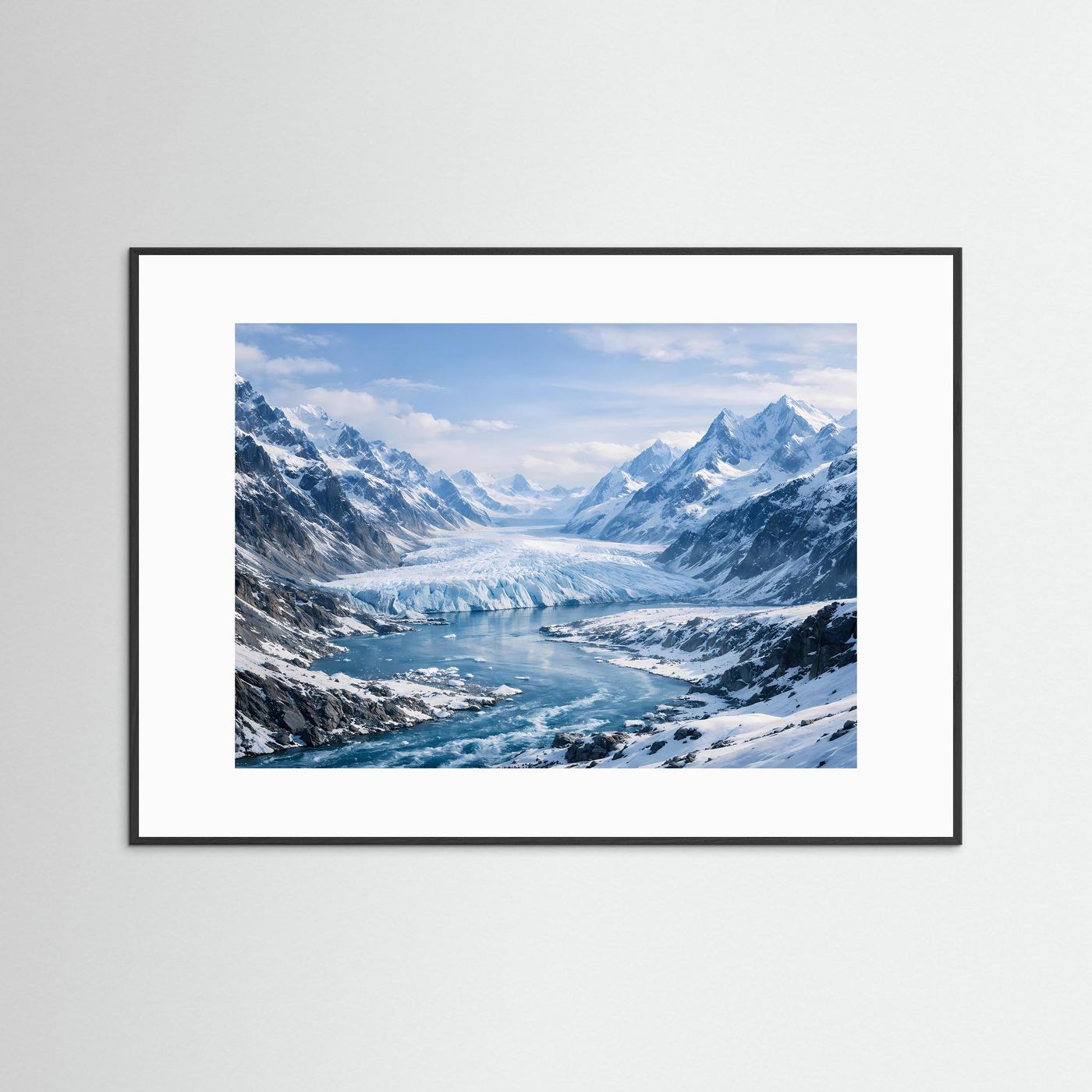 Querformatiges Poster mit Gletscherlandschaft, Berge, mit schwarzem Rahmen und weißem Rand