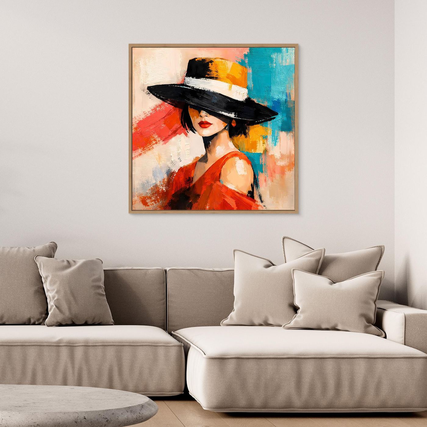 Abstract portrait wall art with warm wood frame: woman in black hat and red dress