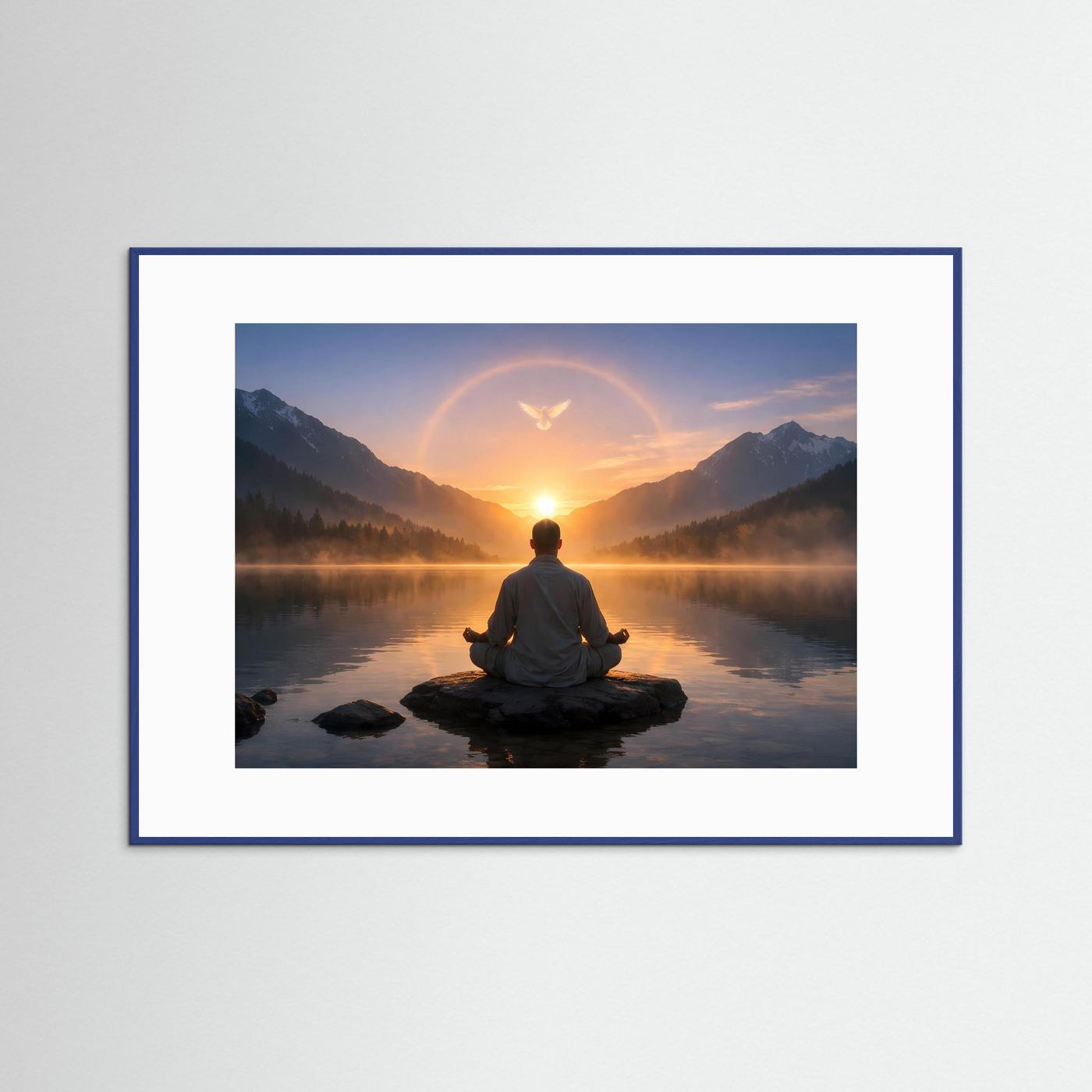 Meditationsposter mit Person im Schneidersitz am See, Sonnenaufgang und Lichtbogen, blauer Rahmen