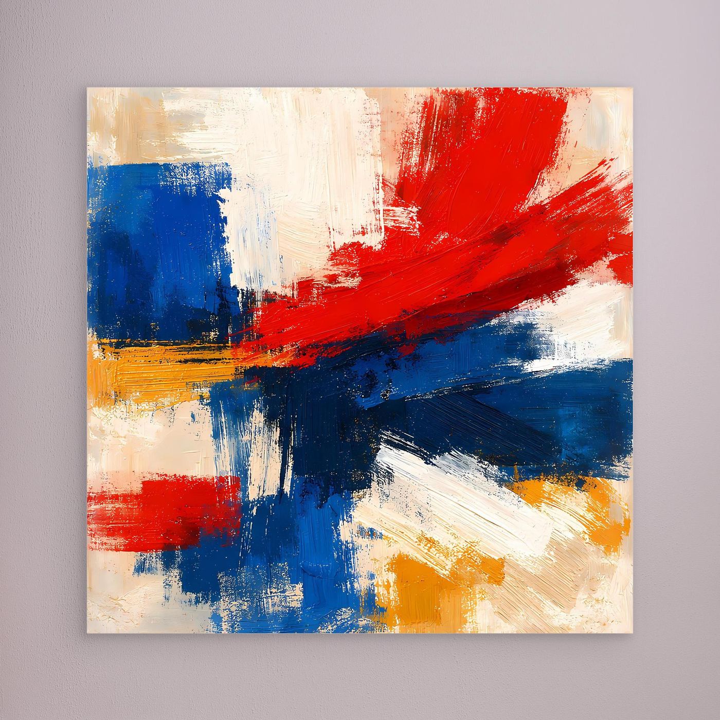 Abstract canvas wall art with red, blue, and yellow brushstrokes on canvas