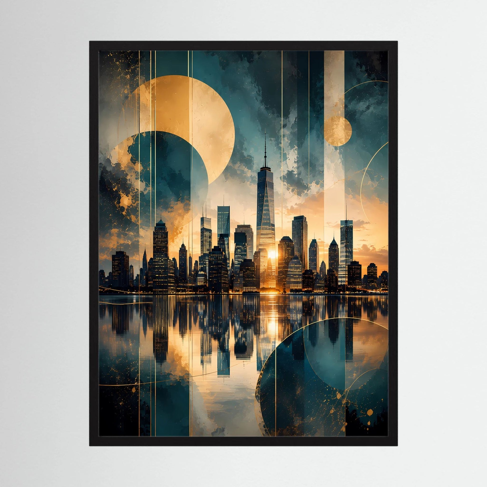 Poster im Hochformat mit abstrakter Manhattan-Skyline in Gold und Petrol, im schwarzen Rahmen.