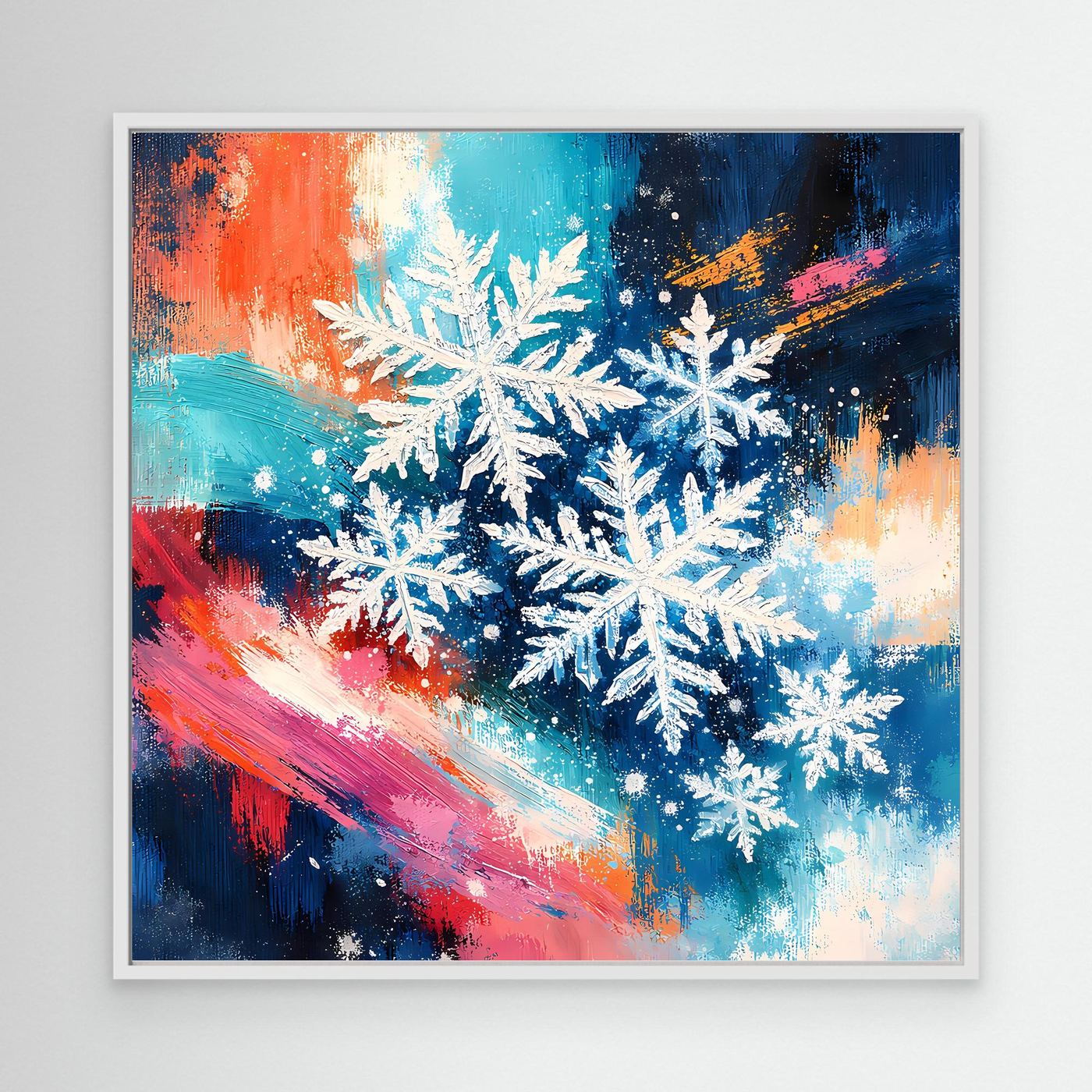 Wandbild mit abstrakten weißen Schneeflocken, im weißen Rahmen