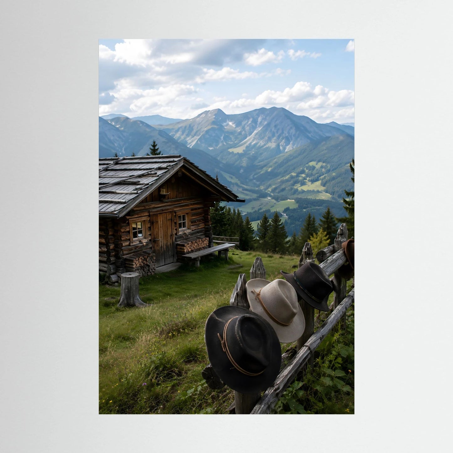 Hochformatiges Landschaftsposter mit Almhütte, Bergen und Hüten, ohne Rahmen