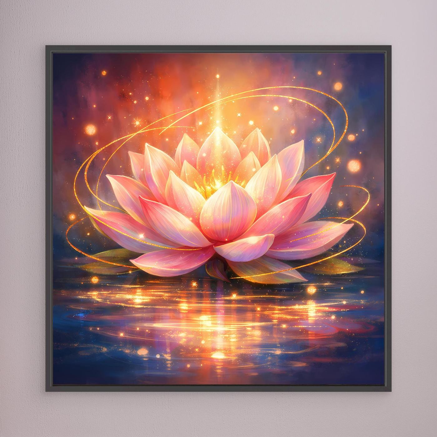 Gerahmtes Leinwandbild mit leuchtender Lotusblüte in Rosa und Gold, mit schwarzem Rahmen
