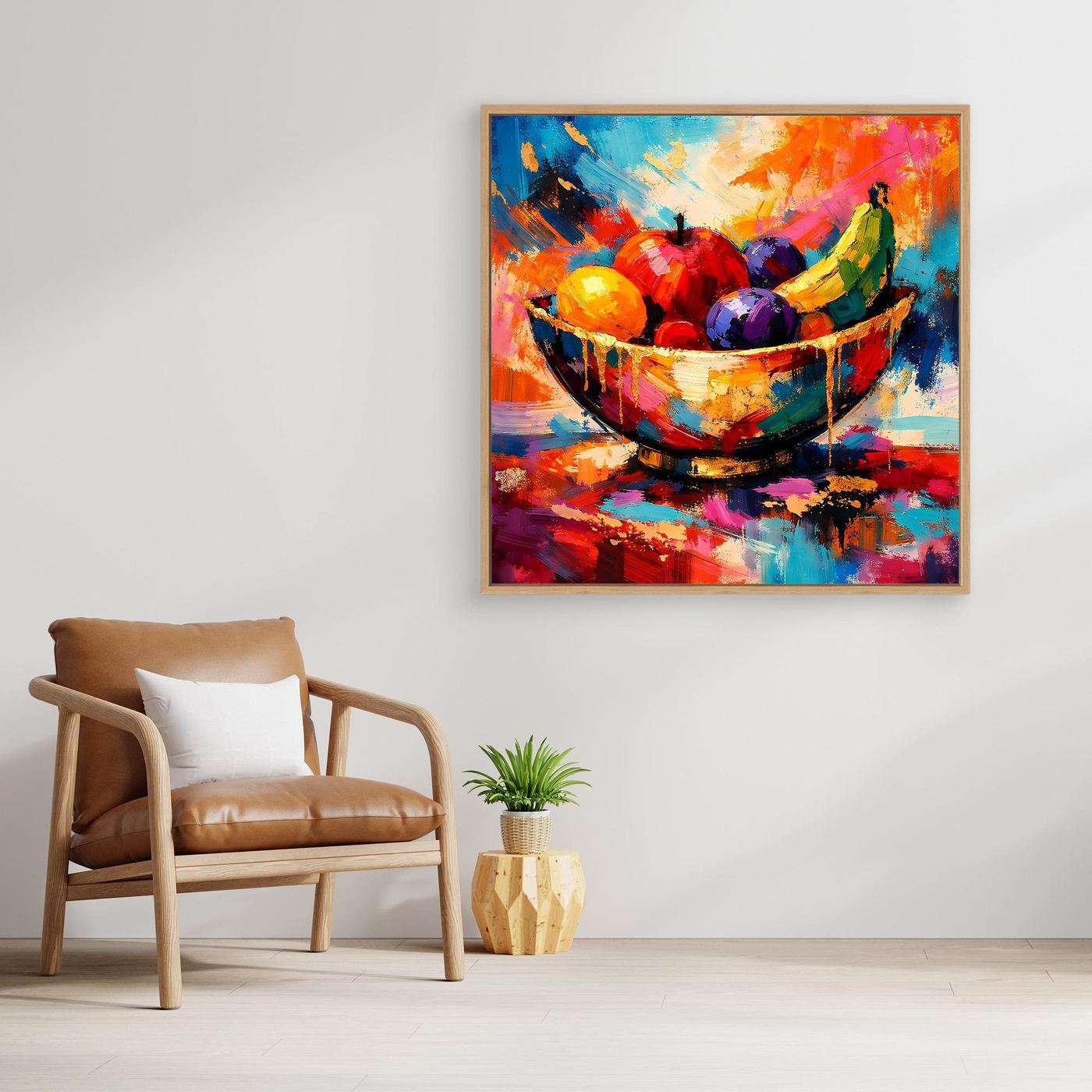 Quadratisches Leinwandbild mit Obstschale, leuchtende Farbflecken und kräftige Pinselstrukturen