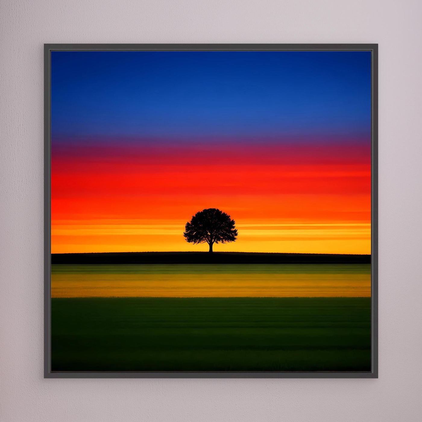 Gerahmtes Leinwandbild mit Sonnenuntergangslandschaft und Baum, grauer Rahmen