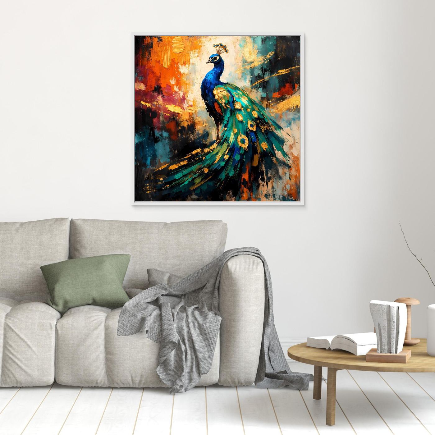 Leinwandbild mit leuchtendem Pfau-Motiv, silberner Rahmen