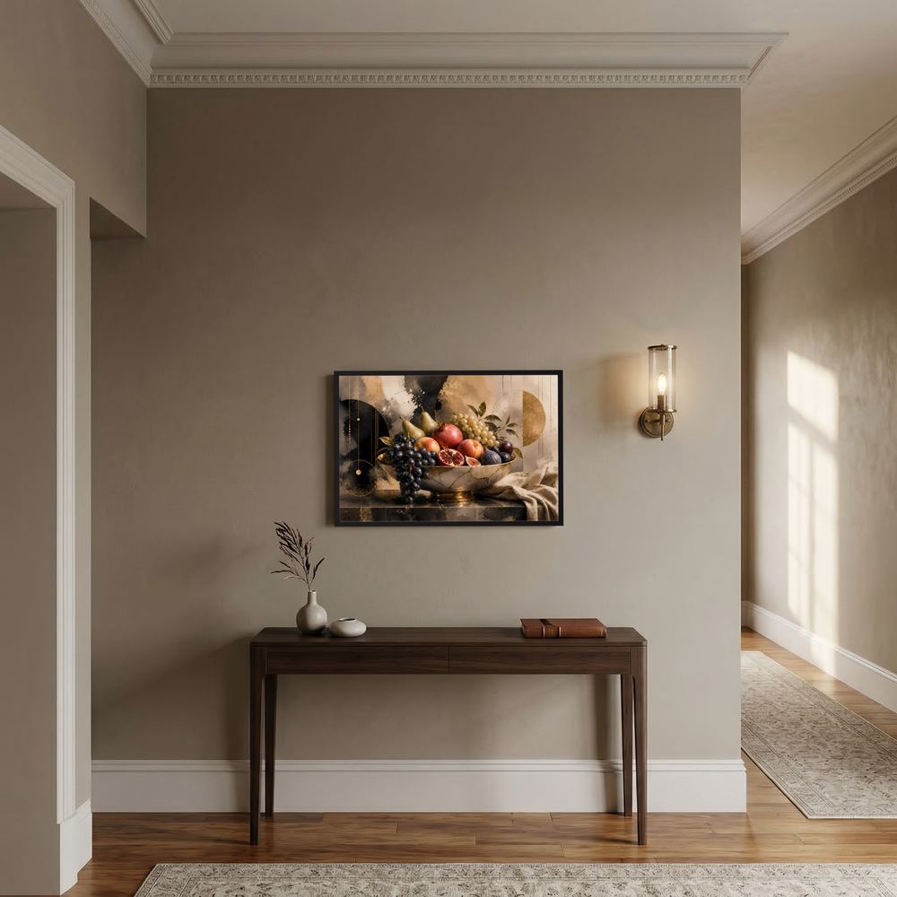 Gerahmtes Poster: Obstschale mit Granatapfel und Trauben, Schwarz‑Gold‑Beige