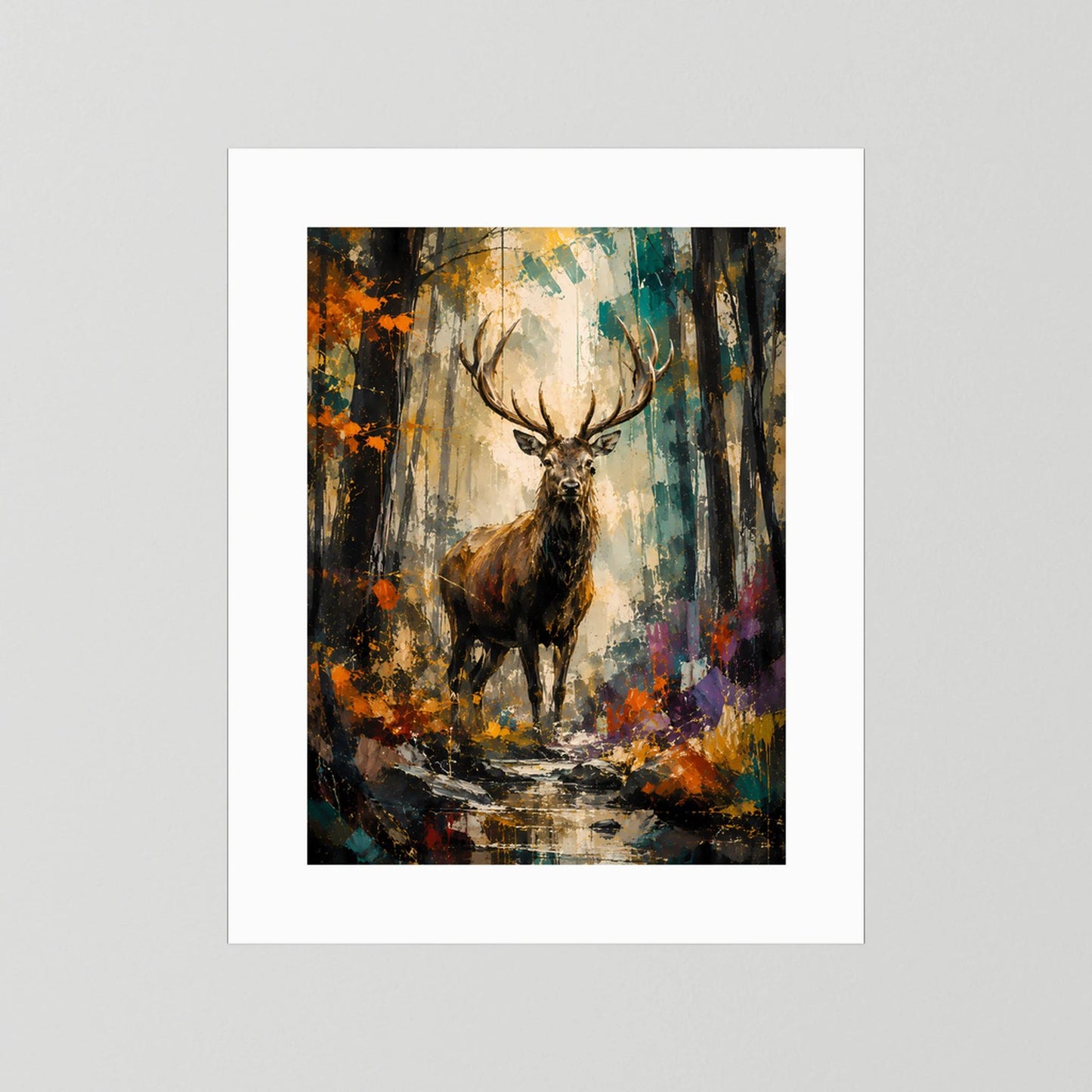 Majestätischer Hirsch | Abstrakte Waldkunst in Gold und Türkis | Poster Hochformat