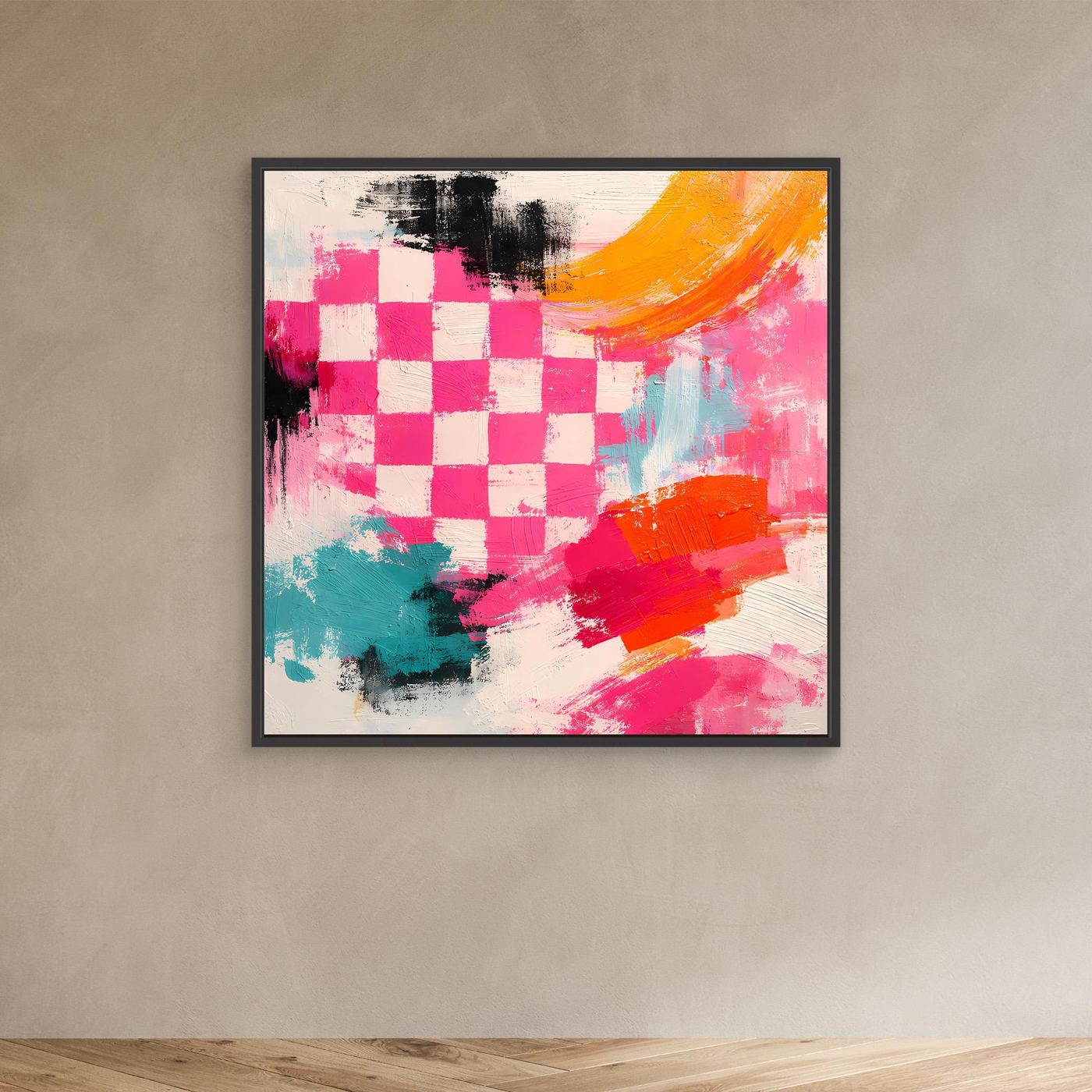 Leinwand-Wandbild mit Schachbrettmuster in Pink, Orange und Türkis; schwarzer Rahmen