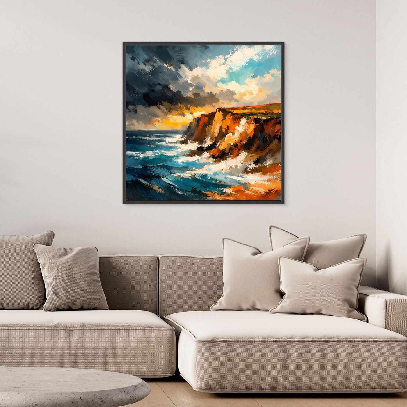 Premium Leinwand Dramatische Steilküste am Ozean | Abstraktes Klippen Wandbild stürmisch
