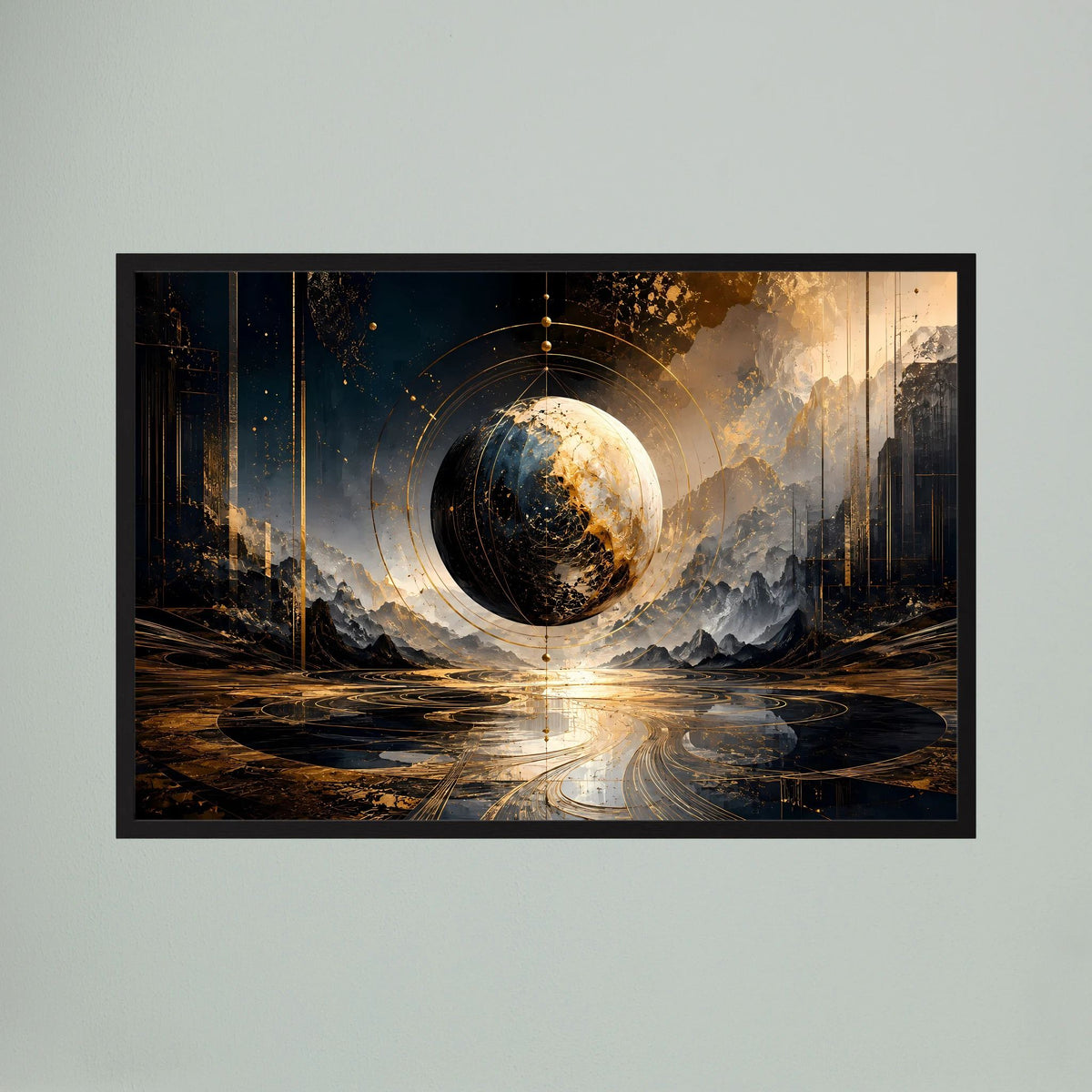 Weltkugel-Poster mit schwebender Planeten­sphäre und goldenem Leuchten, schwarzer Rahmen