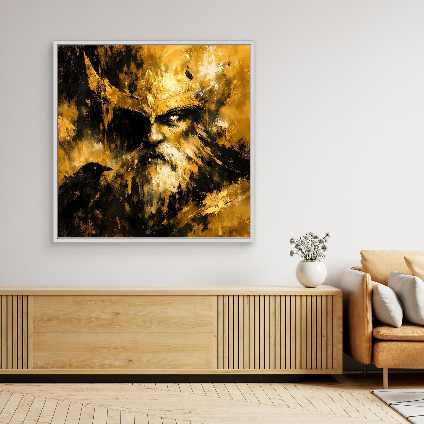 Leinwand Nordischer Gott Odin mit Rabe | Modernes Abstraktes Mythologie Wandbild