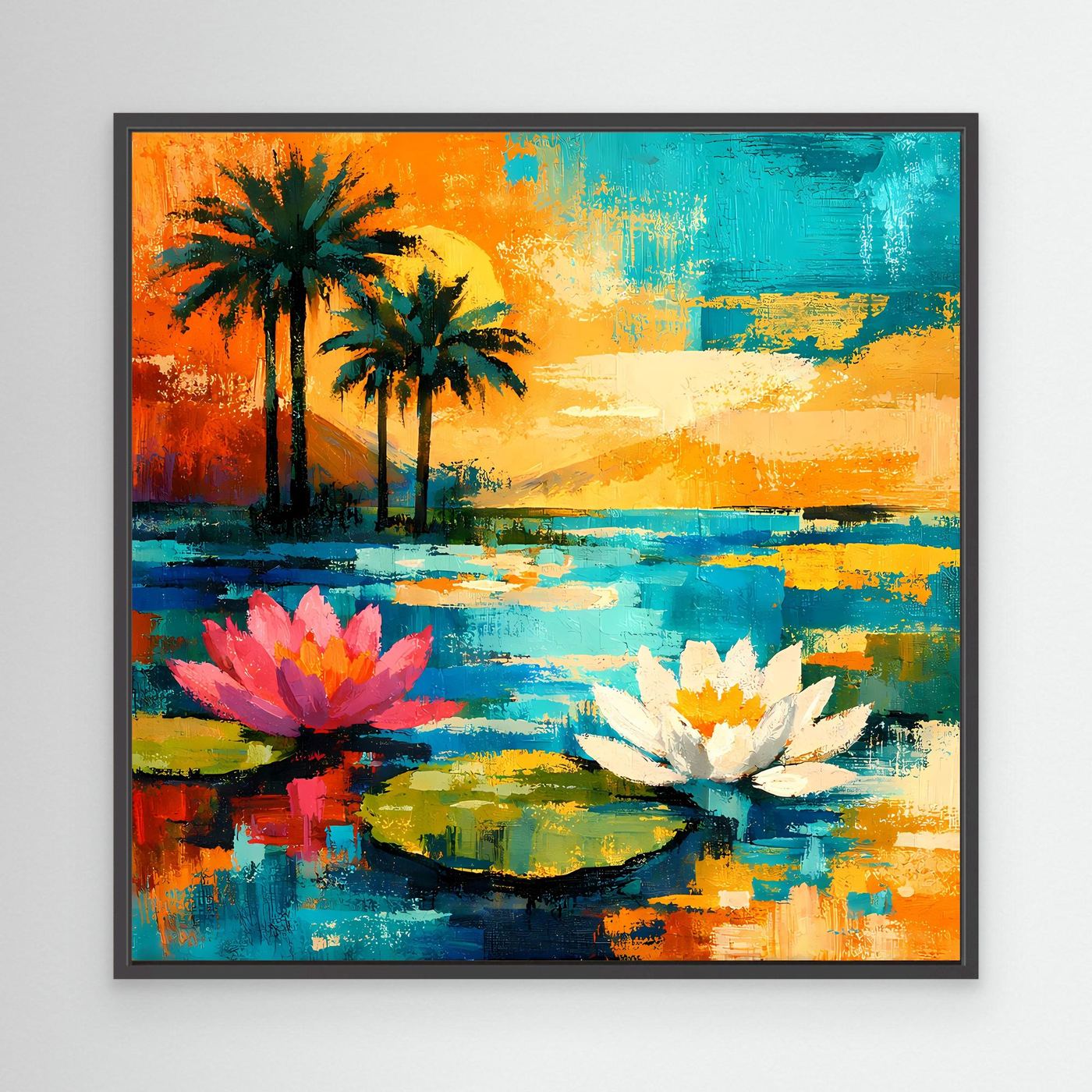 Abstraktes Leinwandbild mit Palmen und Seerosen, Farbpalette in Blau, Orange und Pink, dunkler Rahmen