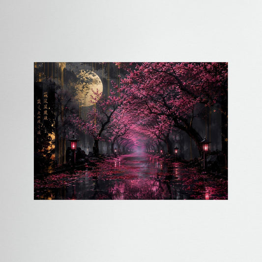 Leinwand-Wandbild mit Mond über Kirschblütenallee, rot-violett und spiegelndem Weg