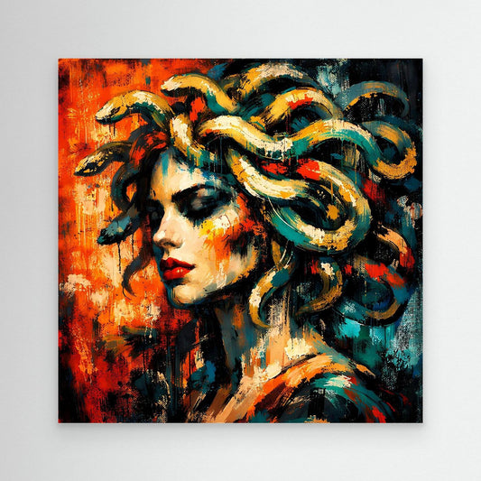 Leinwandbild: abstrakte Medusa mit Frauengesicht und Schlangenhaaren, ohne Rahmen