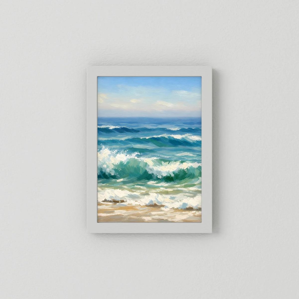 Wandbild-Poster mit Meereswellen im Hochformat, weiß gerahmt
