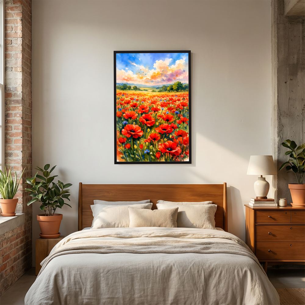 Poster im Hochformat mit Mohnblumen-Wiese und Landschaft, schwarzer Rahmen
