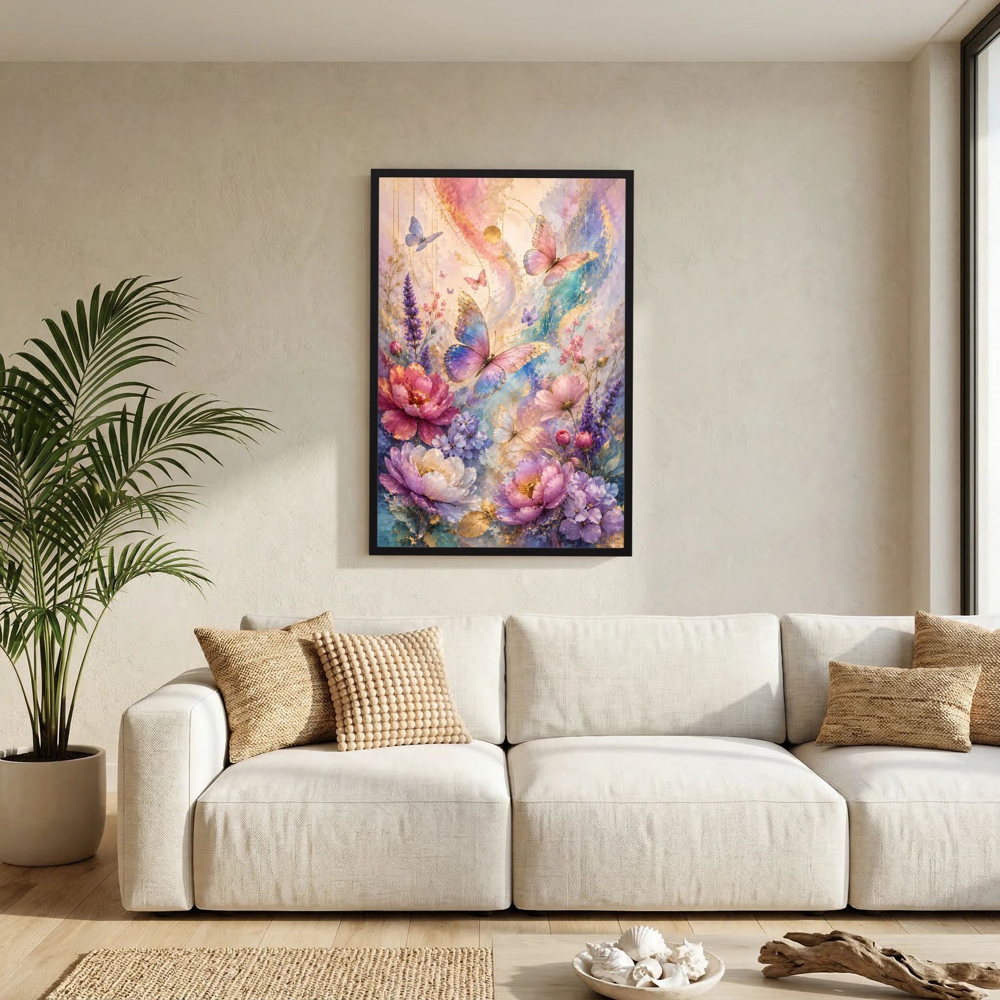 Poster im Hochformat mit Blumen und Schmetterlingen, schwarzer Rahmen