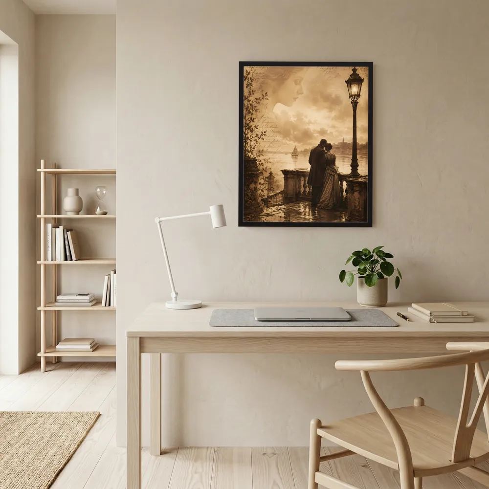 Wandbild im Rahmen: sepia Darstellung mit Paar vor Laterne, Wasser und Skyline