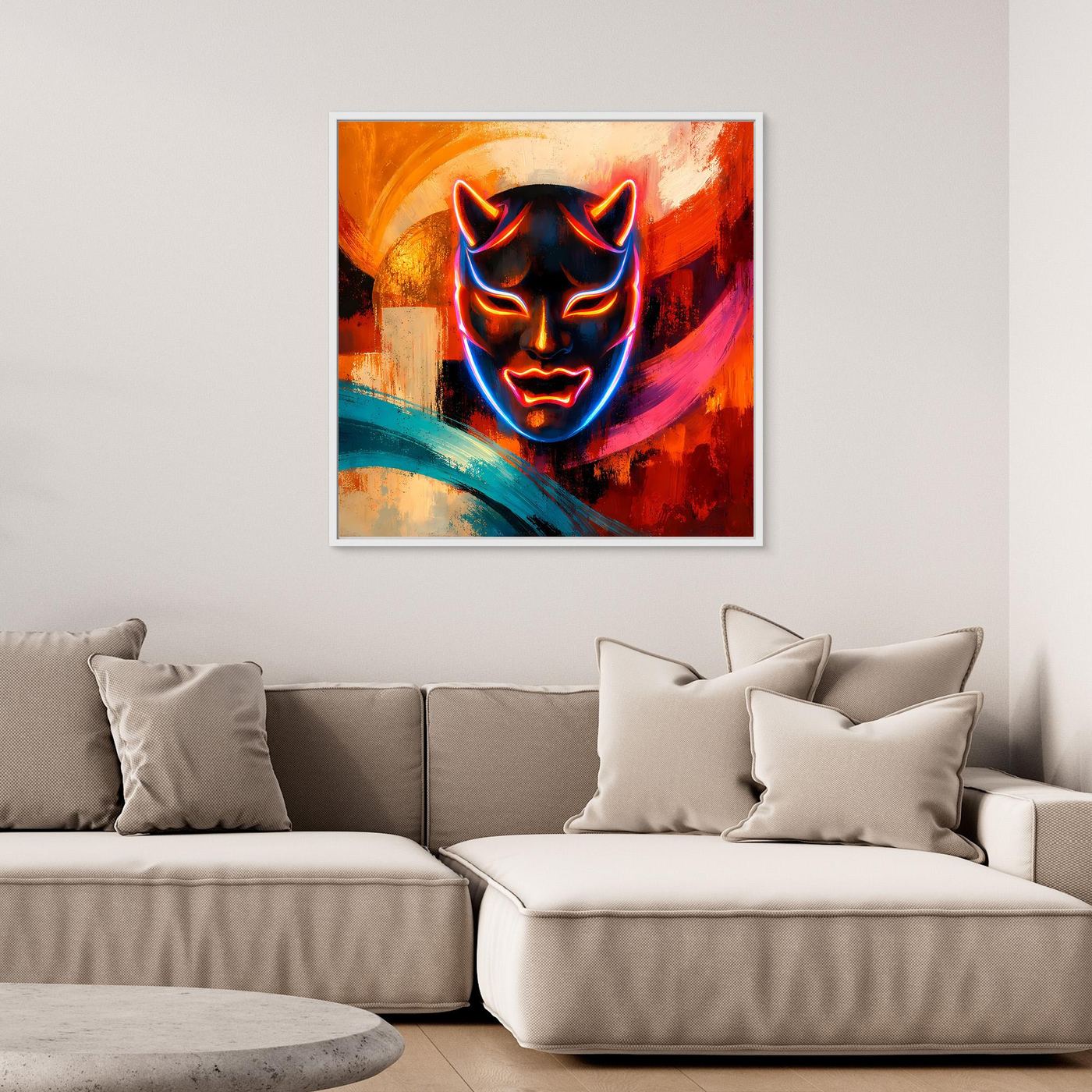 Gerahmtes Leinwandbild mit futuristischer Oni-Maske, violette Akzente und blau-rote Neonfarben