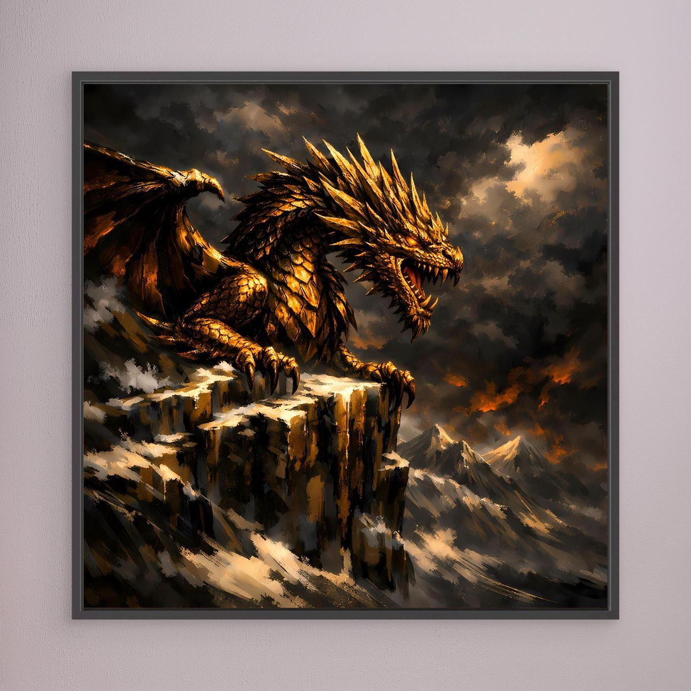Leinwand Goldener Drache auf Felsgipfel | Episches Fantasy-Wandbild auf Keilrahmen