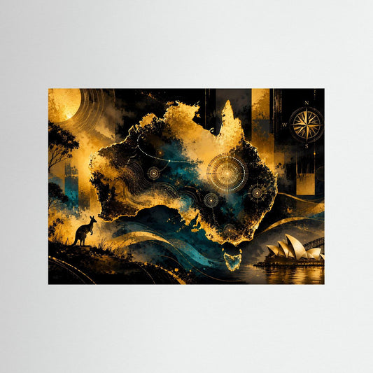 Gerahmtes Poster mit abstrakter Australienkarte in Schwarz, Gold und Blau, Känguru