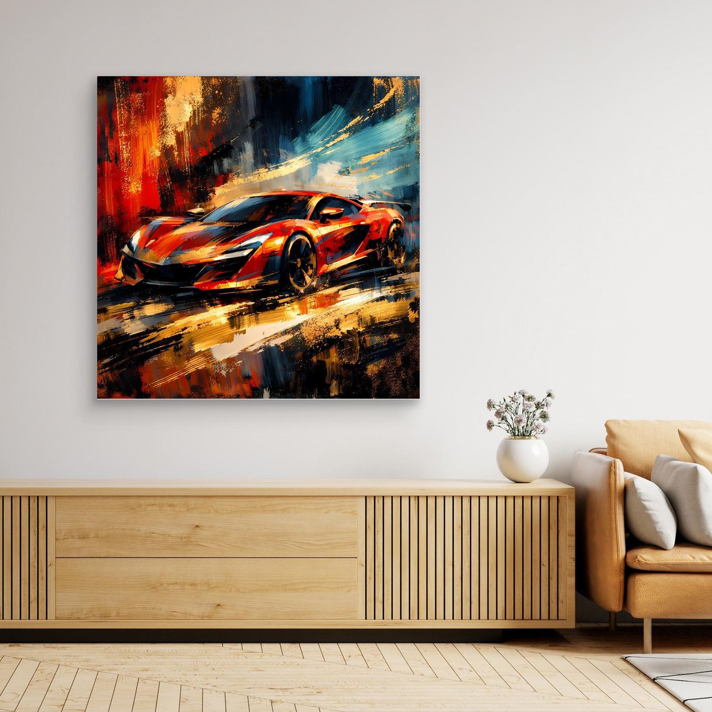 Leinwandbild mit hellem Holzrahmen: abstraktes rotes Sportauto, detailreiche Pinseltextur