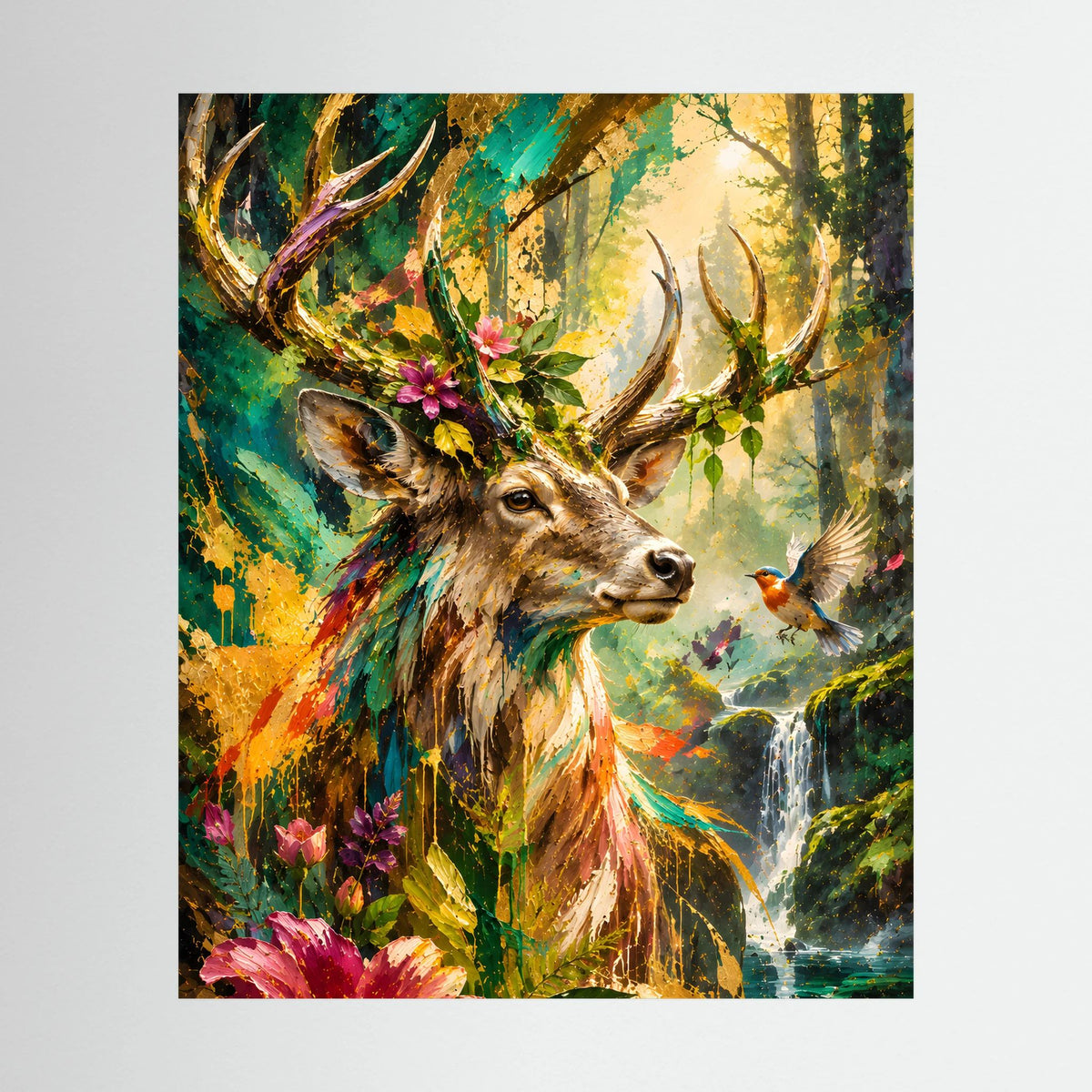 Tierposter mit majestätischem Hirsch im farbigen Wald, Blumen und Wasserfallmotiv