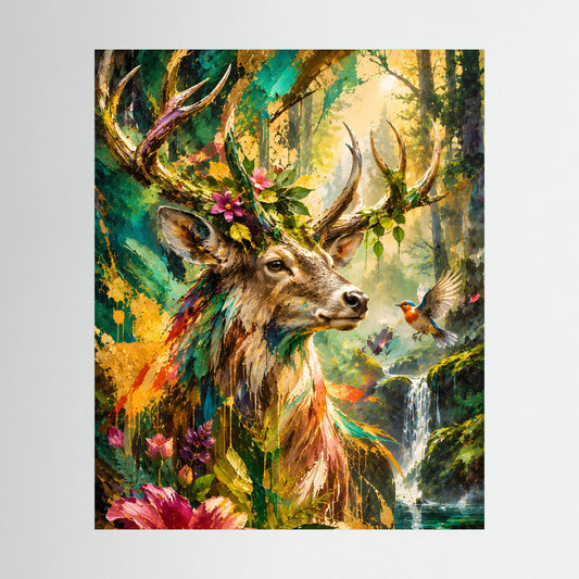 Tierposter mit majestätischem Hirsch im farbigen Wald, Blumen und Wasserfallmotiv