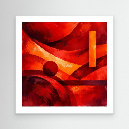 Leinwandbild mit abstrakten roten, orangefarbenen und schwarzen Formen, weiß gerahmt