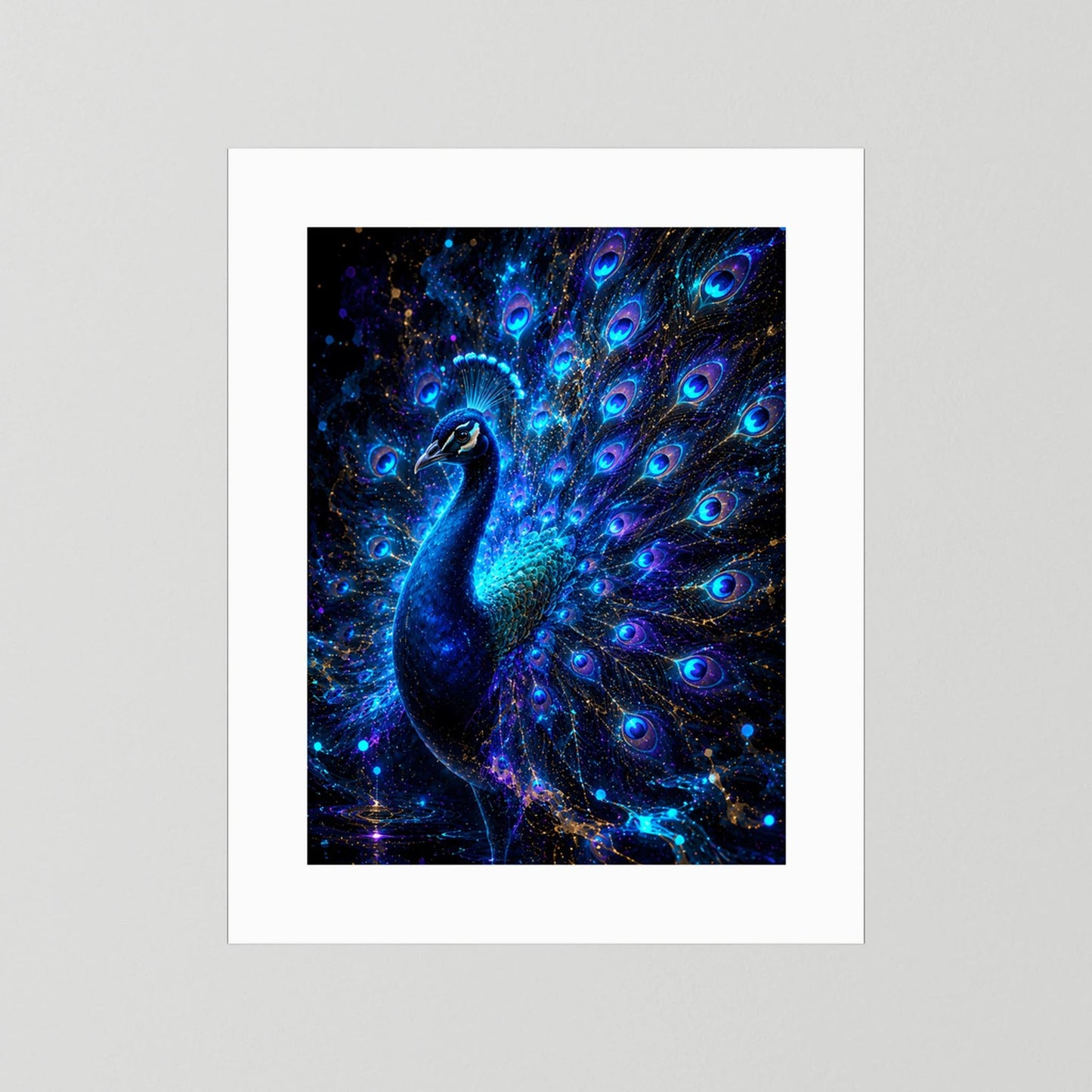 Pfauenposter mit breitem weißem Rand: leuchtender blauer Pfau mit violettem Glanz