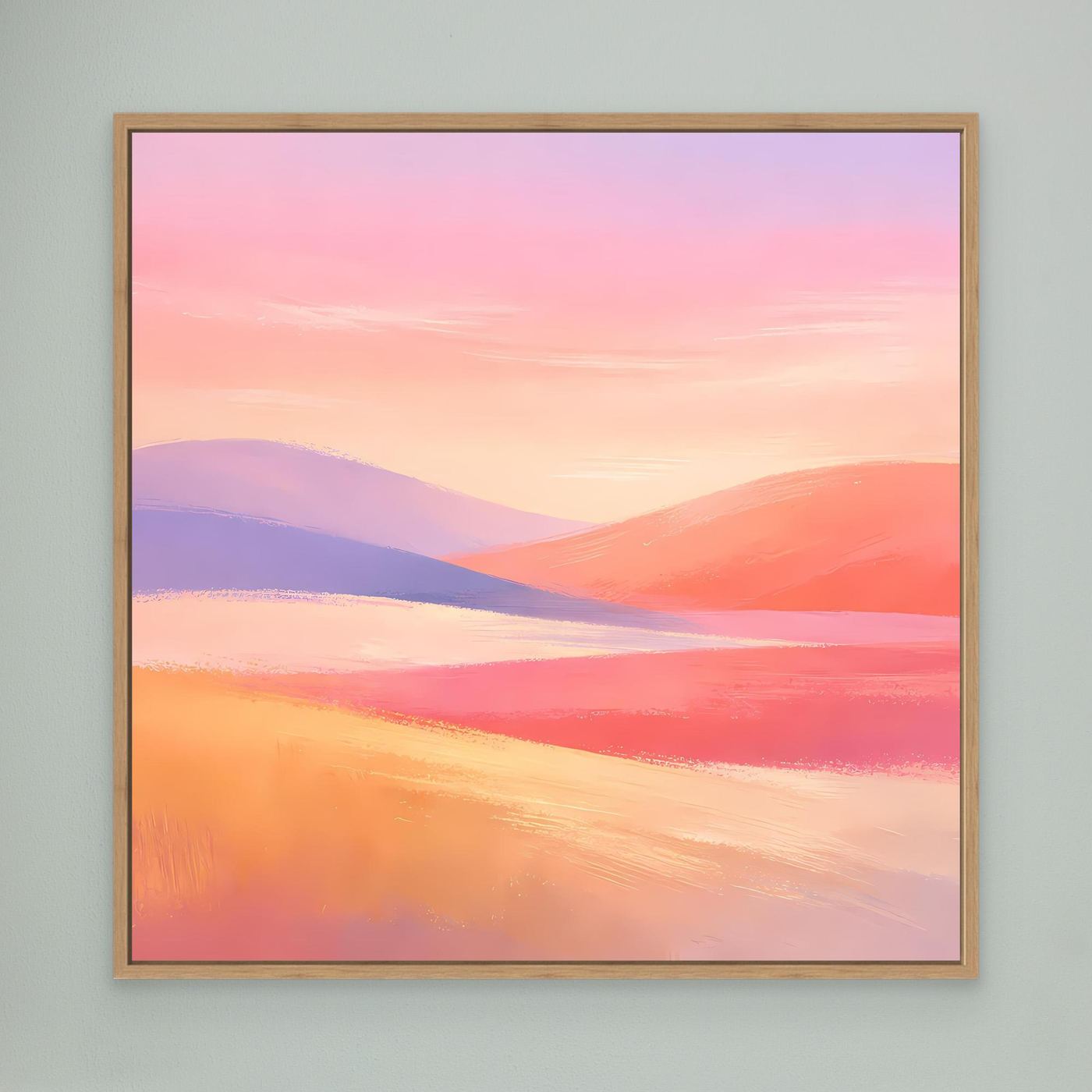 Leinwandbild mit abstrakter Hügellandschaft in Pastellfarben in Eichenrahmen: Rosa, Lila, Orange.