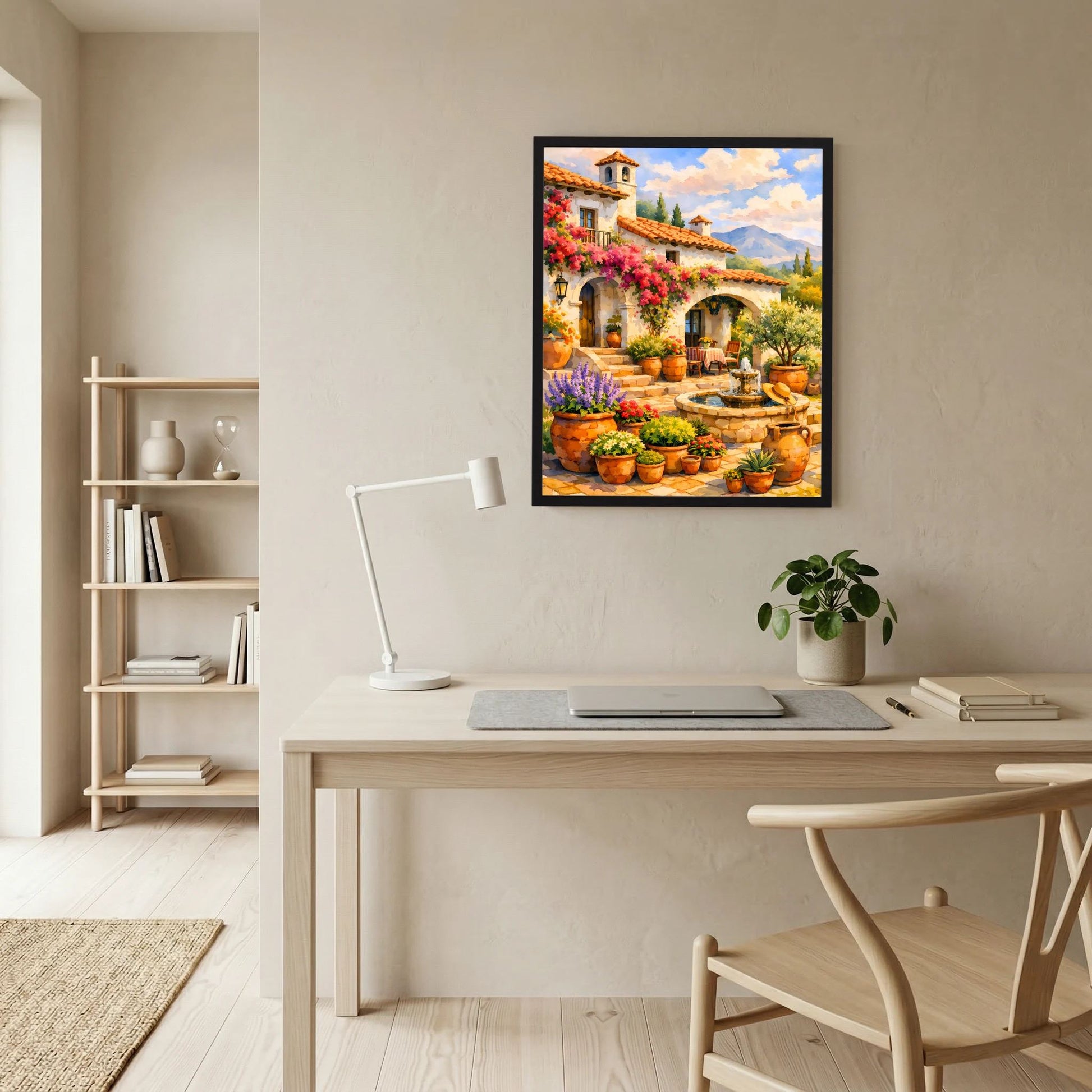 Wand-Kunstposter: mediterraner Innenhof mit bunten Blumen, Töpfen und Brunnen, schwarzer Rahmen
