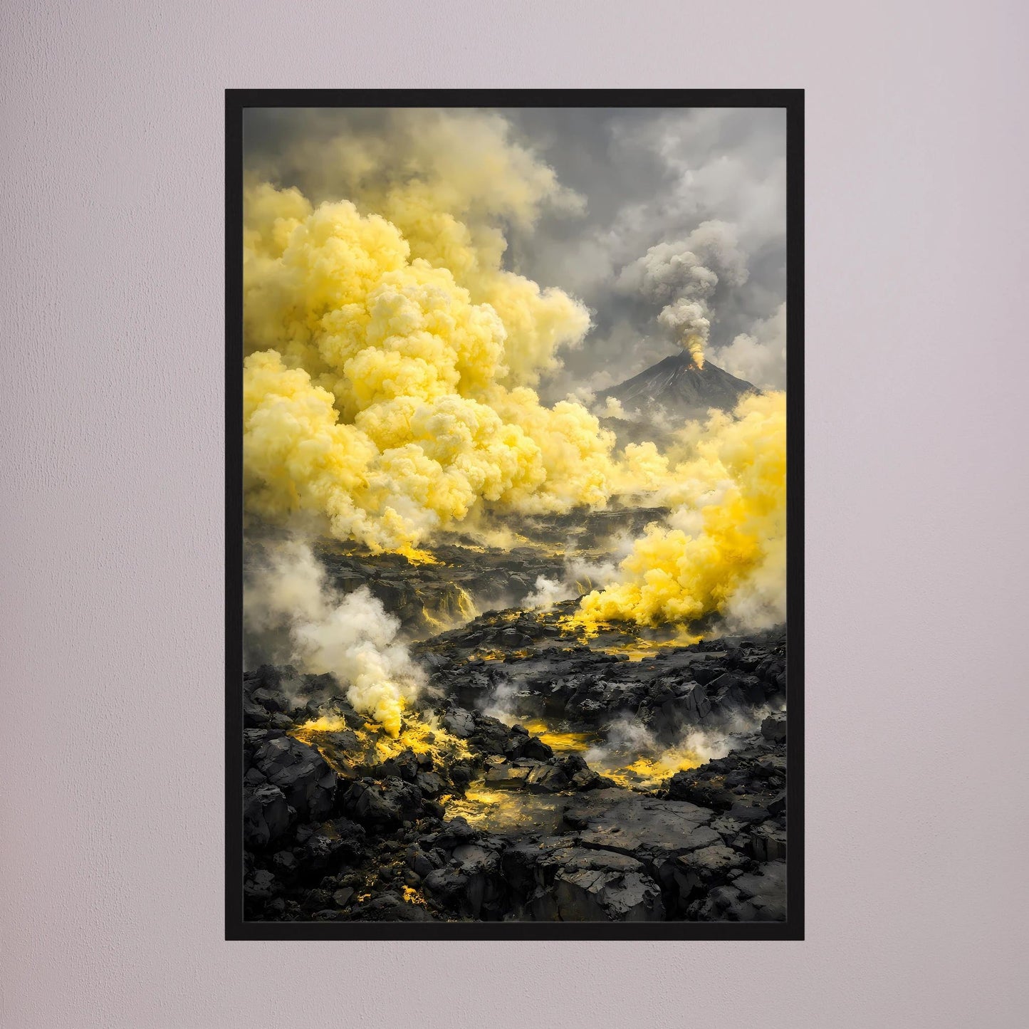 Die Kraft der Natur | Abstraktes Vulkan Poster in Gelb & Schwarz | Modernes Landschaftskunstposter Hochformat