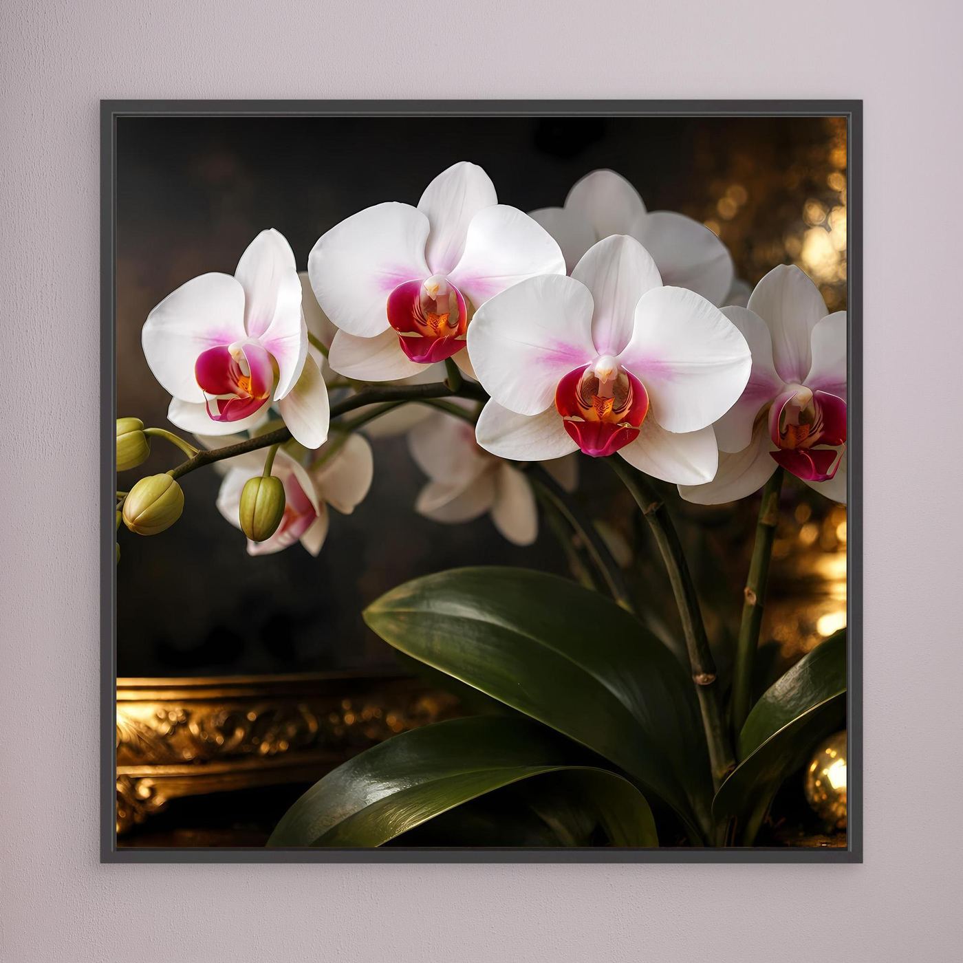 Orchideenblüten-Leinwandbild mit schwarzem Rahmen, weiße Blüten und grüne Blätter