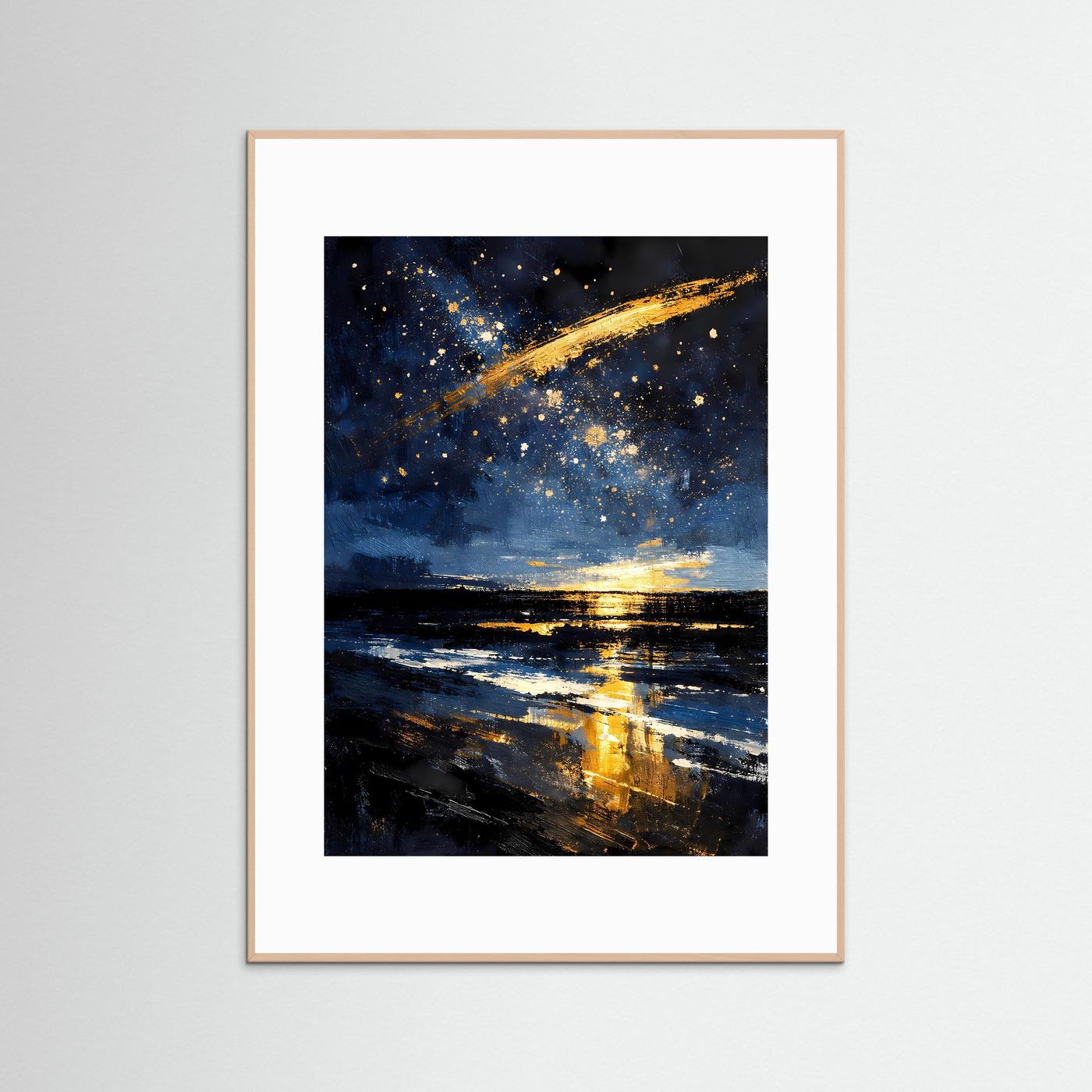 Kunstposter, abstrakter Sternenhimmel mit Goldpinselspur; naturfarbener Holzrahmen