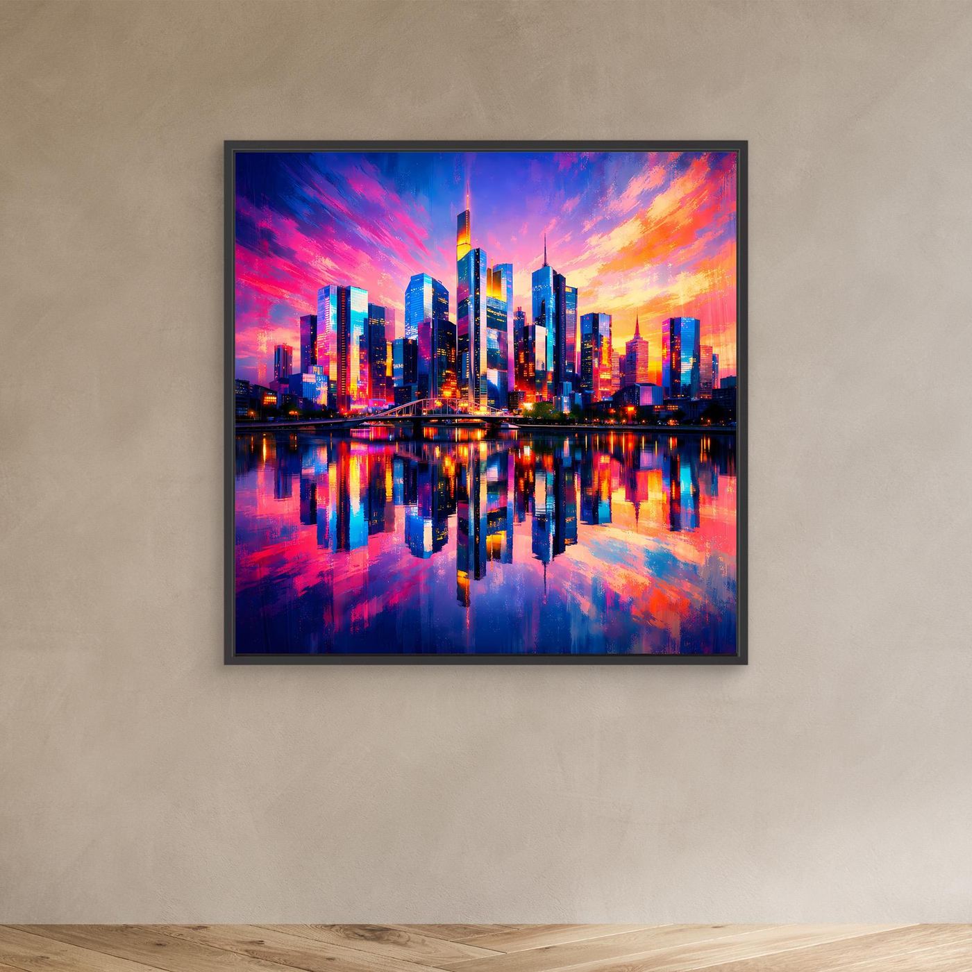 Leinwand Farbenfrohe Frankfurt Skyline bei Sonnenuntergang | Modernes Wandbild