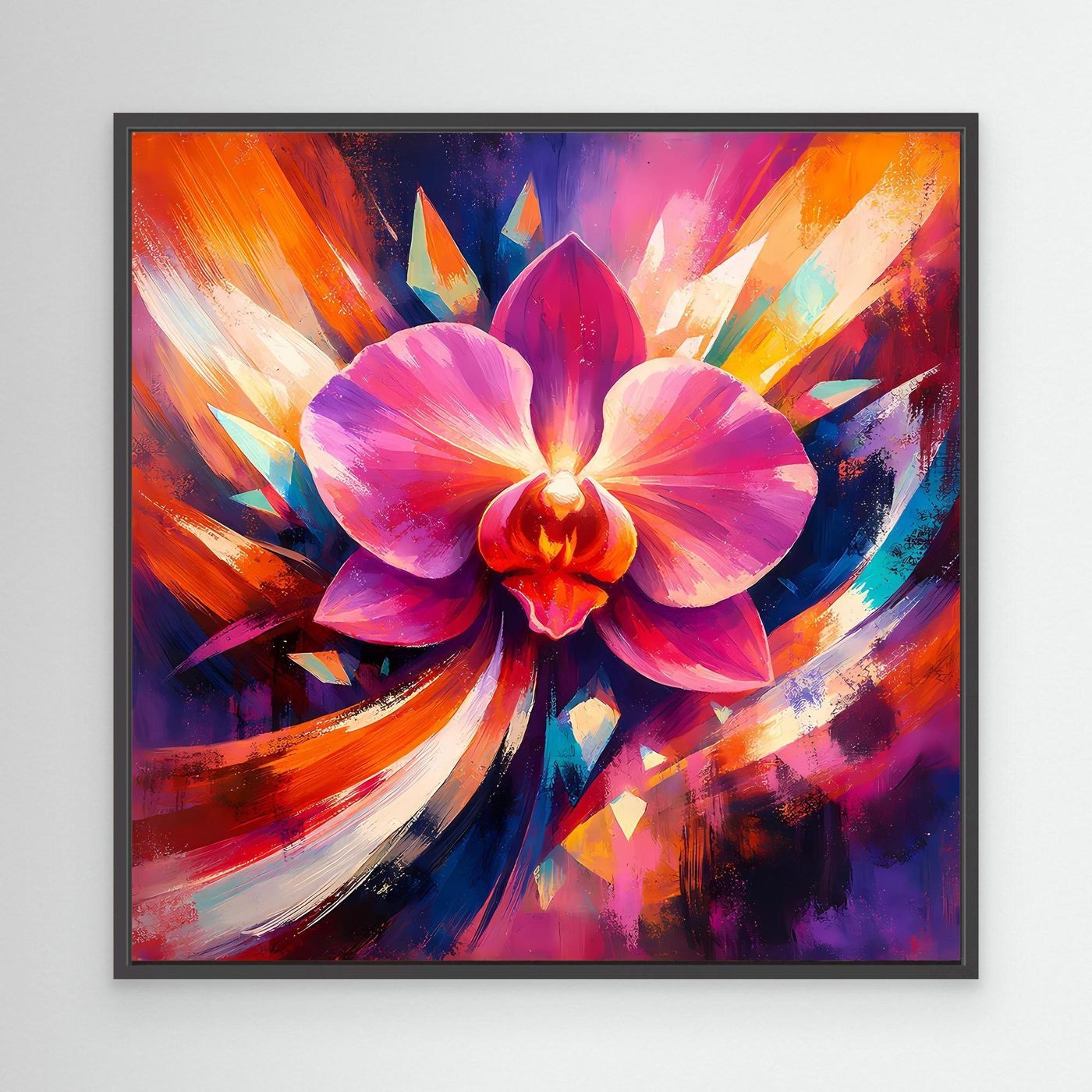 Leinwandbild mit abstrakter Orchidee in Pink und Blau, schwarzer Rahmen