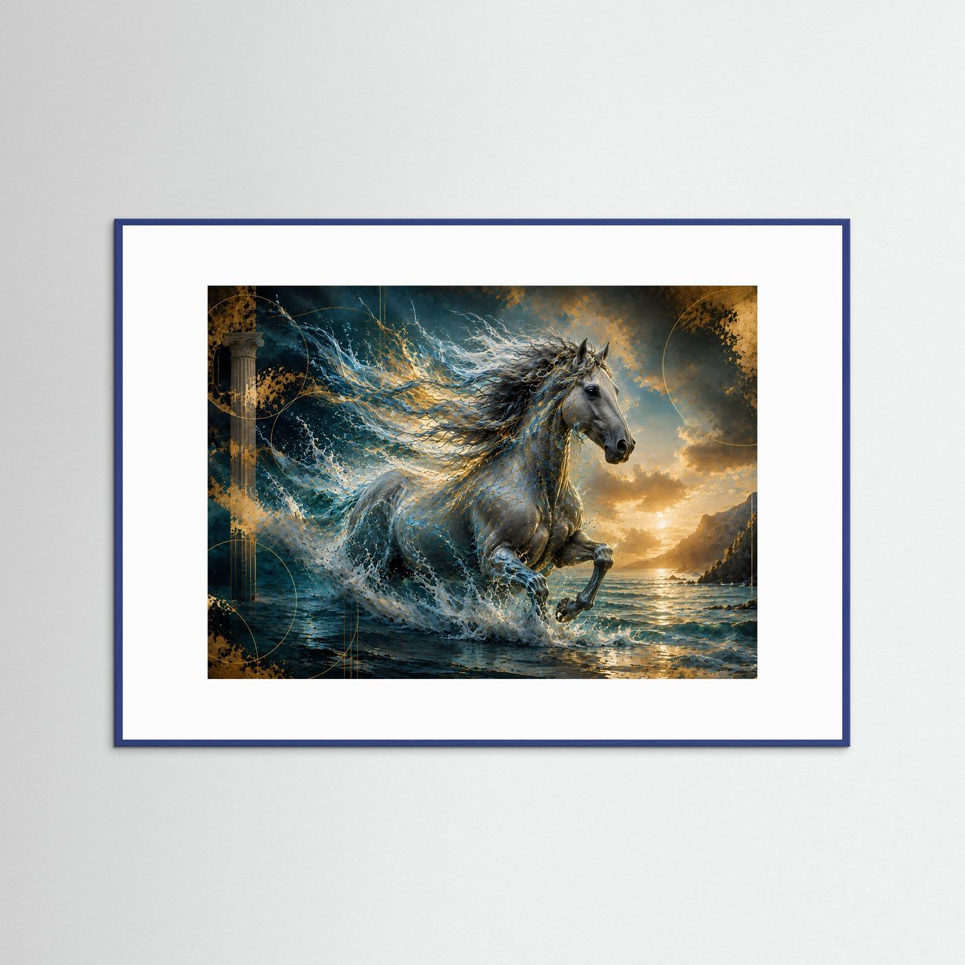 Querformat-Poster mit Pferd im Meer, Wellen und goldenen Akzenten, blauer Rahmen