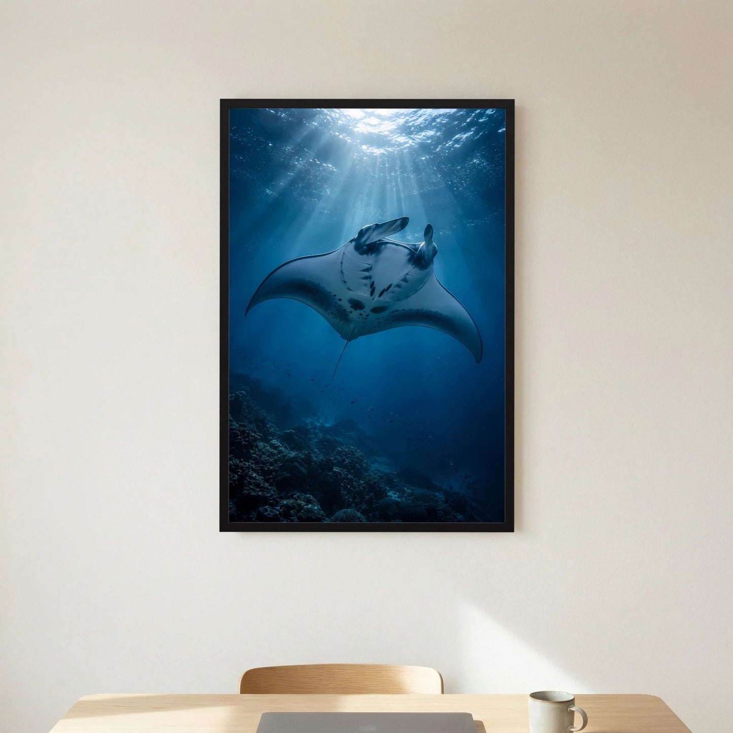 Gerahmtes Hochformat-Poster: Mantarochen unter Wasser, tiefblau, Lichtstrahlen, schwarzer Rahmen